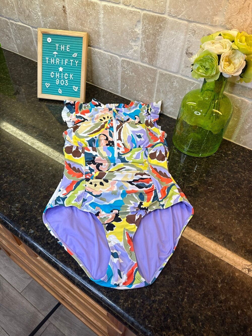 Anne Cole Mod Tropical Flutter Sleeve Zip Front Rash Guard One PC Swimsuit SZ 6